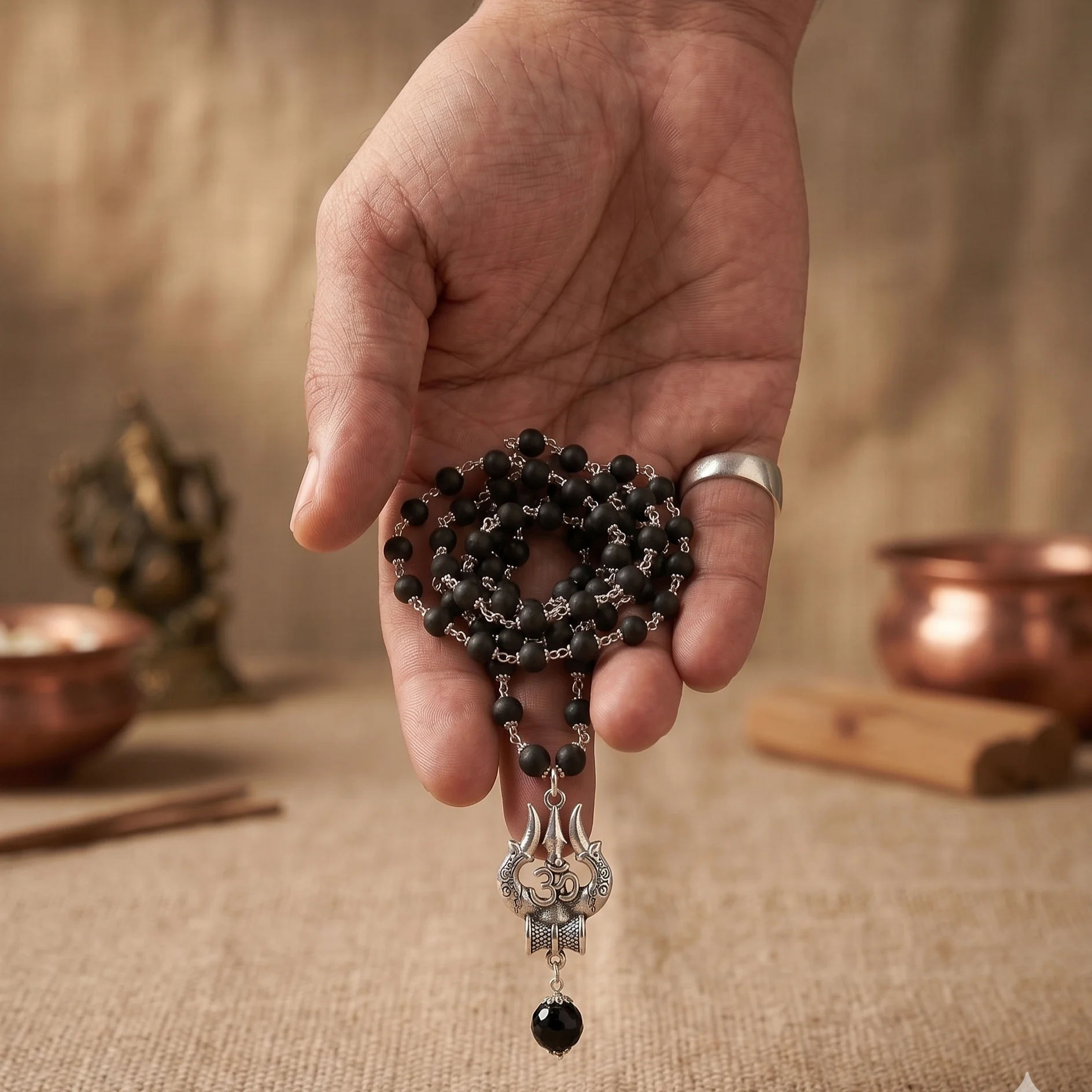 silver capped Trishul karungali Mala silver capped Trishul karungali Mala